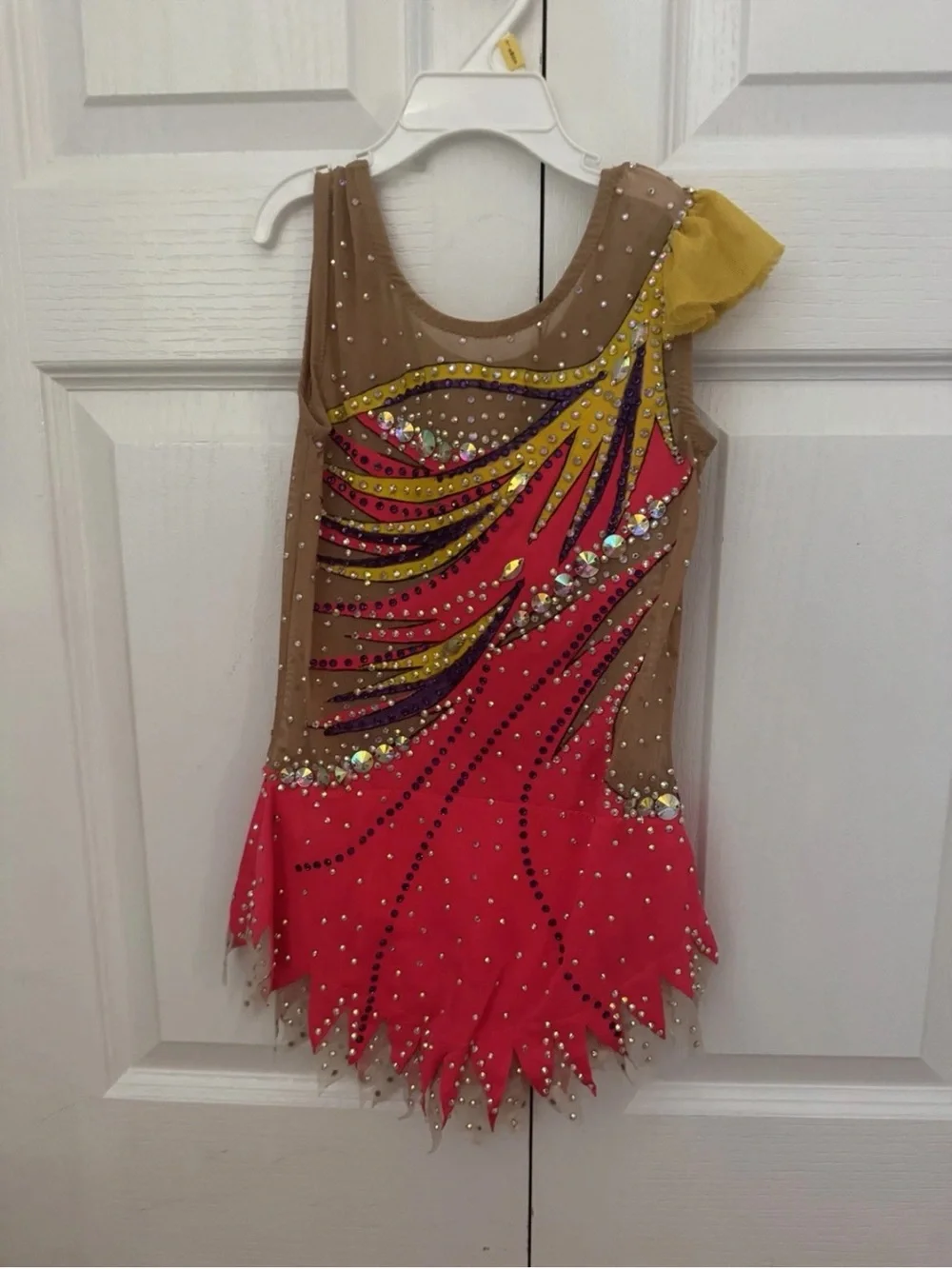 Girls' Tan and Hot Pink Rhinestone rhythmic gymnastics leotard Yellow Accent